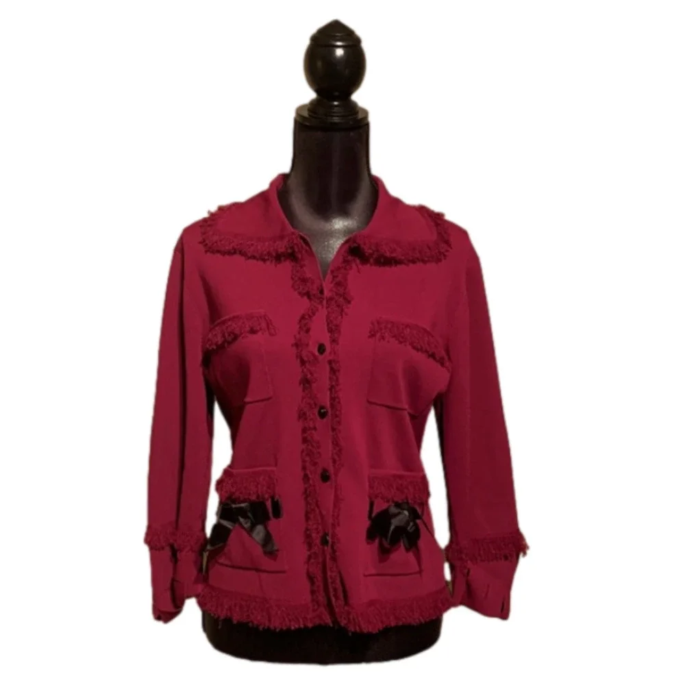 DONCASTER Frayed Edge Ribbon Detail Cardigan Sweater